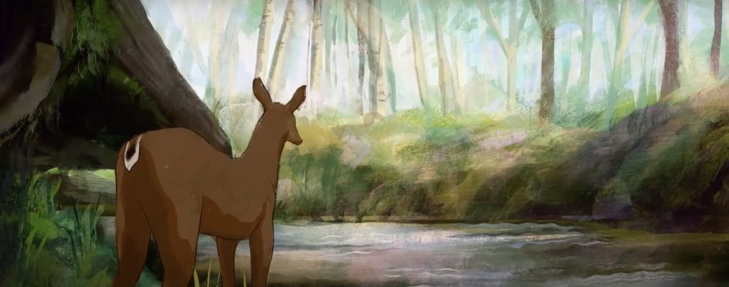 Animation of deer in forest overlooking a river
