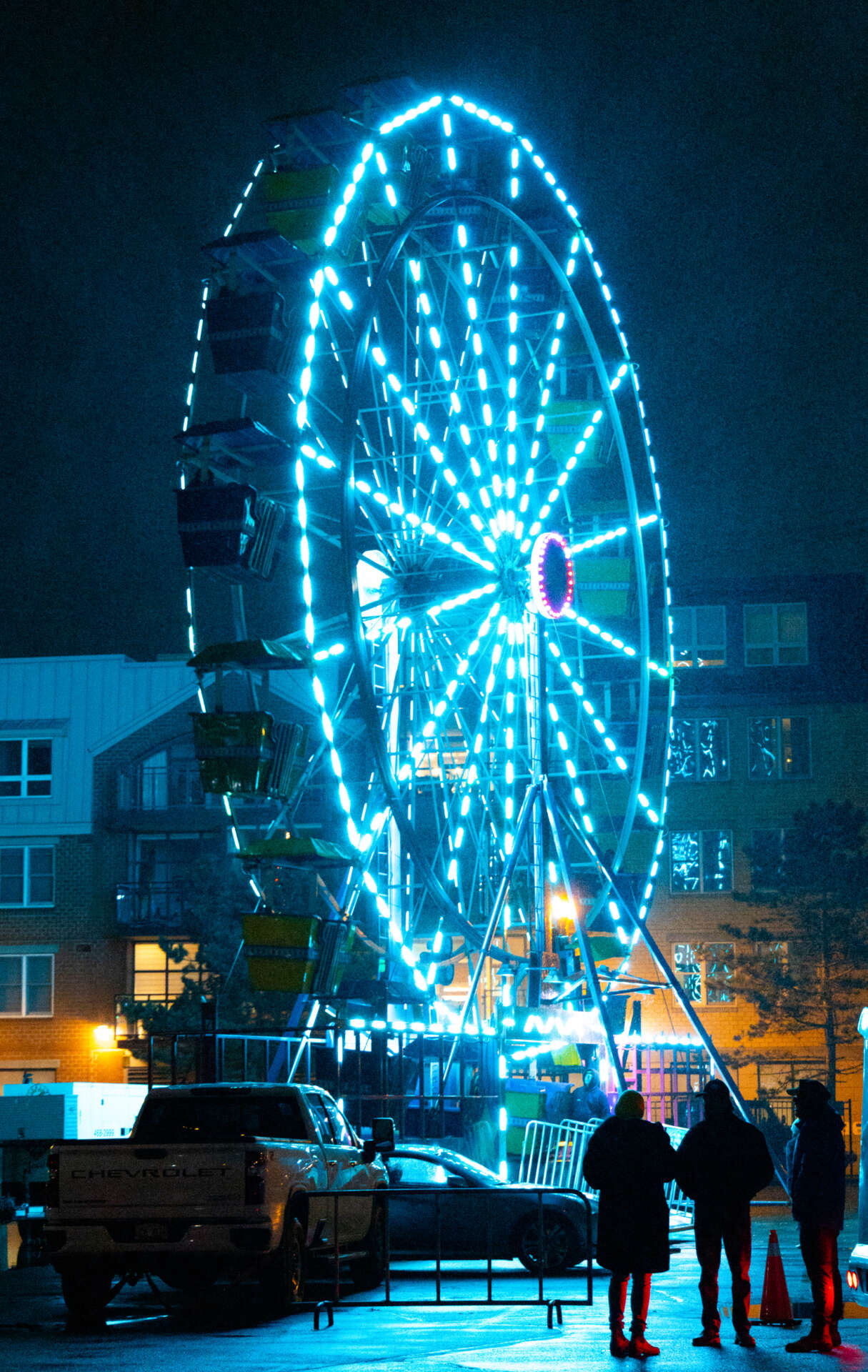 People looking at lighted ferris wheel at night