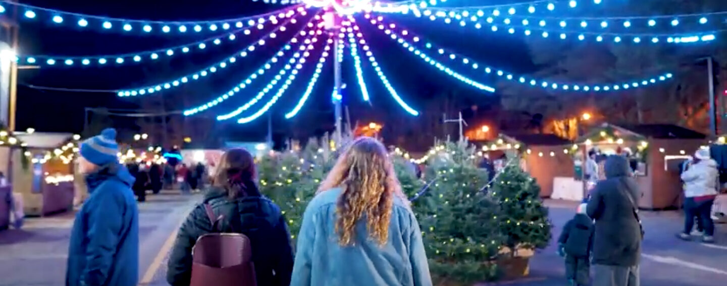 People looking at Christmas trees in lighted outdoor event